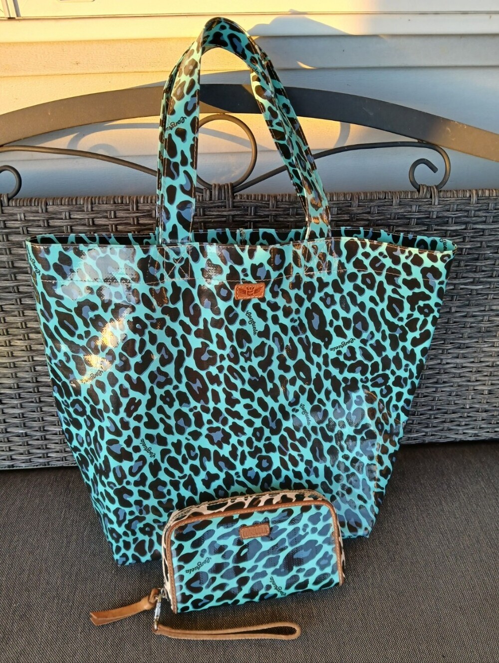 Consuela Blue Jag Classic Tote & Wristlet Wallet Set Turquoise Leopard 2 Piece